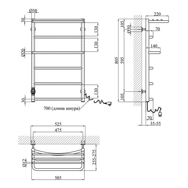 Електричний полотенцесушитель Kroner Каскад ДКп02ER 800х500/6 ER, фото , зображення 2 | SNABZHENIE.com.ua