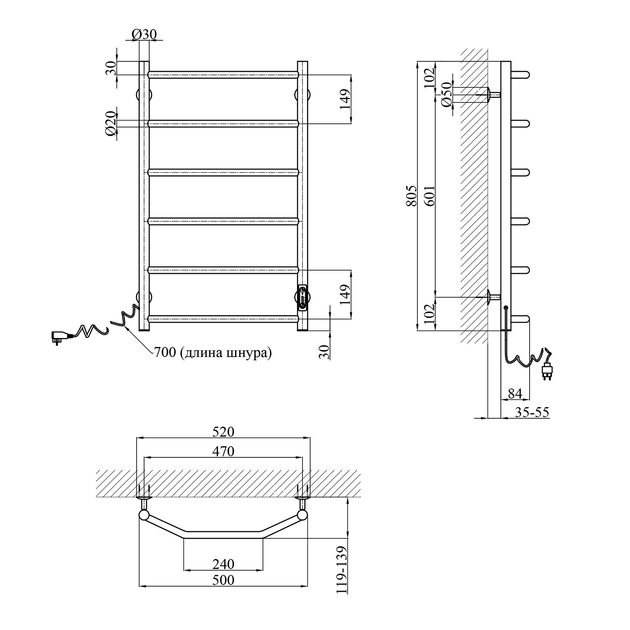 Електричний рушникосушарка Kroner Трапеція ДТ23EL 800х500/6 EL, фото , зображення 2 | SNABZHENIE.com.ua