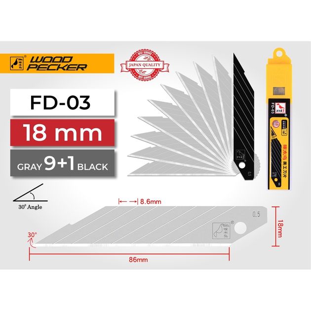 Лезвія для ножа 18мм кут 30° Woodpecker сірі 10шт FD-03, фото , зображення 7 | SNABZHENIE.com.ua Лезвія для ножа 18мм кут 30° Woodpecker сірі 10шт FD-03, фото , зображення 7 | SNABZHENIE.com.ua
