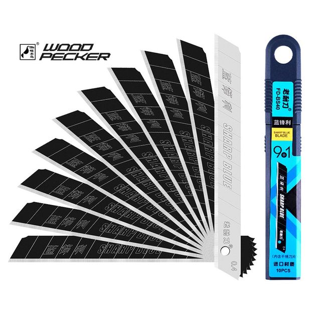 Лезвия для ножа 9 мм черные нержавеющие Woodpecker, 10 шт. FD-BS40, фото  | SNABZHENIE.com.ua