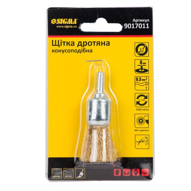 Щетка проволочная конусная 17мм, хвостовик 6мм SIGMA (латунир.), фото , изображение 2 | SNABZHENIE.com.ua Щетка проволочная конусная 17мм, хвостовик 6мм SIGMA (латунир.), фото , изображение 2 | SNABZHENIE.com.ua