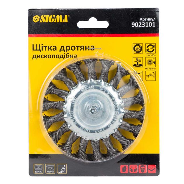 Щітка проволочна дискообразна 100мм хвостовик 6мм (сталевий витий) SIGMA (9023101), фото , зображення 2 | SNABZHENIE.com.ua Щітка проволочна дискообразна 100мм хвостовик 6мм (сталевий витий) SIGMA (9023101), фото , зображення 2 | SNABZHENIE.com.ua