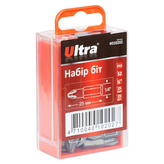 Набір біт PН2*25мм 1/4 25шт S2 (пластиковий кейс) ULTRA (4010202), фото  | SNABZHENIE.com.ua