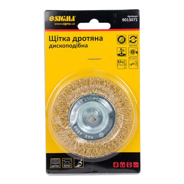 Щетка проволочная дискообразная Ø75мм хвостовик Ø6мм (латунированная) SIGMA, фото , изображение 2 | SNABZHENIE.com.ua