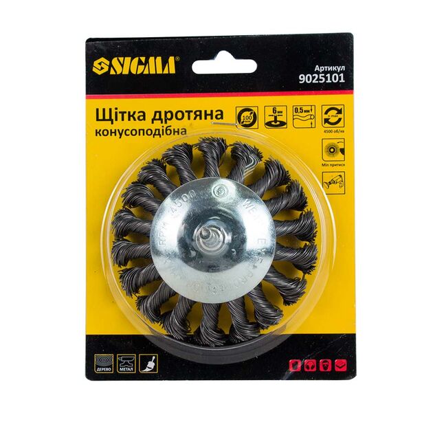 Щетка проволочная конусообразная Ø100мм хвостовик Ø6мм (стальная витая) SIGMA, фото , изображение 2 | SNABZHENIE.com.ua