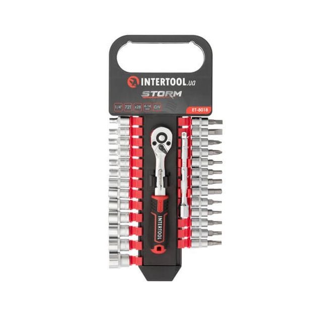 Набор головок 1/4" 4-14 мм., TORX, PH, HEX, SL, удлинитель, рукоятка с храповым механизмом 72 зуба, 28 ед., CrV STORM INTERTOOL ET-8018, фото , зображення 3 | SNABZHENIE.com.ua Набор головок 1/4" 4-14 мм., TORX, PH, HEX, SL, удлинитель, рукоятка с храповым механизмом 72 зуба, 28 ед., CrV STORM INTERTOOL ET-8018, фото , зображення 3 | SNABZHENIE.com.ua