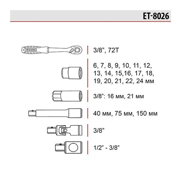 Инструментальный набор 3/8", 26 предметов, Cr-V STORM INTERTOOL ET-8026, фото , изображение 8 | SNABZHENIE.com.ua