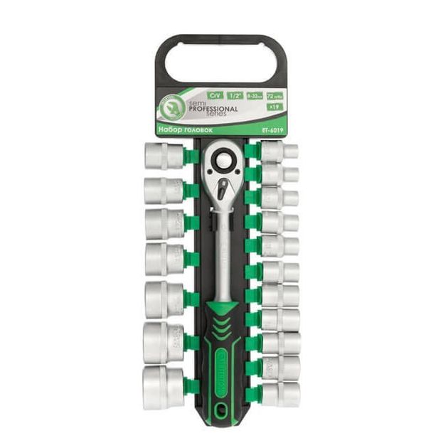 Набор головок 19 ед. 1/2", 8-32 мм, рукоятка с храповым механизмом, 72 зуба, Cr-V INTERTOOL ET-6019, фото , зображення 2 | SNABZHENIE.com.ua