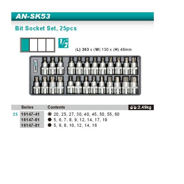 Набор головок Whirlpower Hex, Torx, Spline 1/2", 25 предметов, ложемент, фото , изображение 2 | SNABZHENIE.com.ua