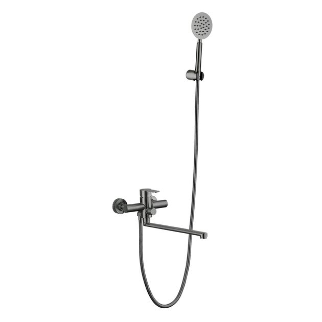 Смеситель для ванны Brinex Pure 005 с длинным поворотным изливом (с душевым гарнитуром) Графит, фото  | SNABZHENIE.com.ua