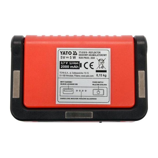 Прожектор з COB-діодами акумуляторний YATO Li-Ion 3.7 В 2 Ач 5 Вт 300 лм 5 режимів + магніт (YT-81819), фото , зображення 8 | SNABZHENIE.com.ua Прожектор з COB-діодами акумуляторний YATO Li-Ion 3.7 В 2 Ач 5 Вт 300 лм 5 режимів + магніт (YT-81819), фото , зображення 8 | SNABZHENIE.com.ua