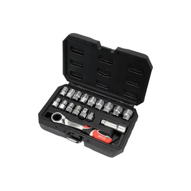 Набір головок торцевих наскрізних SPLINE YATO: квадрат 3/8 і 1/2, М10-М24 з храповим воротком, фото , зображення 4 | SNABZHENIE.com.ua