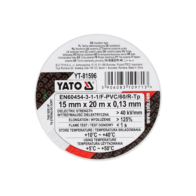 Электроизоляционная лента ПВХ YATO белая, 20 м x 15 x 0,13 мм, фото , изображение 3 | SNABZHENIE.com.ua