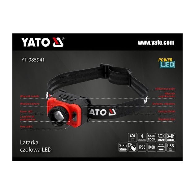 Налобный фонарь YATO, диодный, 3 режима, питание Li-Po 3,7 В, 1,2 Ач, фото , изображение 8 | SNABZHENIE.com.ua