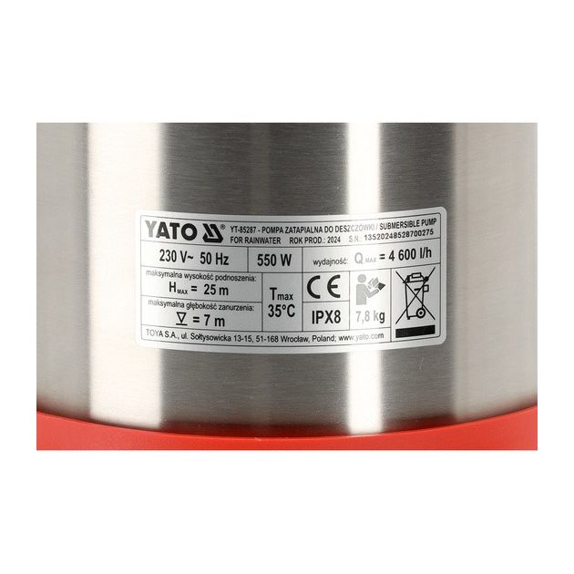Насос для дождевой воды YATO 550 Вт, 4600 л/ч, макс. высота 25 м, фото , изображение 11 | SNABZHENIE.com.ua
