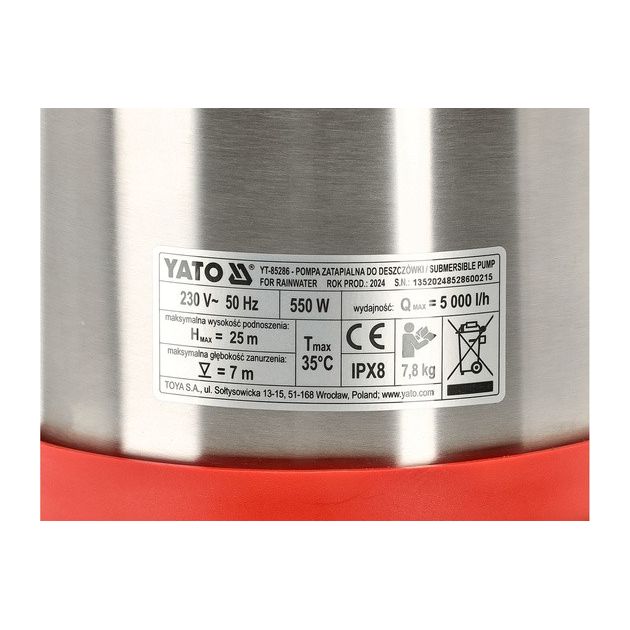Занурювальний насос YATO для дощової води, 550 Вт, 5000 л/год, 25 м., фото , изображение 11 | SNABZHENIE.com.ua
