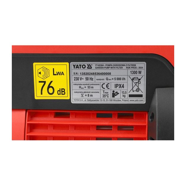 Садовый насос YATO 1300Вт, 5000л/ч, глубина 8м, высота 53м, фото , изображение 10 | SNABZHENIE.com.ua
