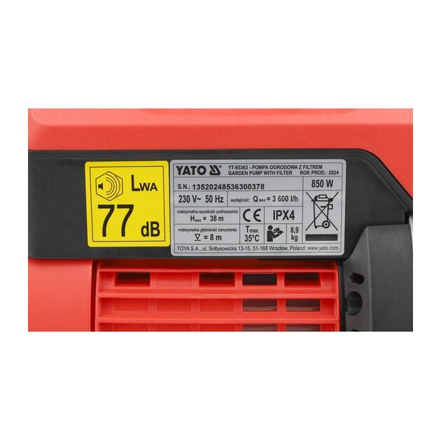 Насос водяной сетевой YATO 850Вт, 3600 л/ч, глубина 8м, высота 38м, фото , изображение 9 | SNABZHENIE.com.ua