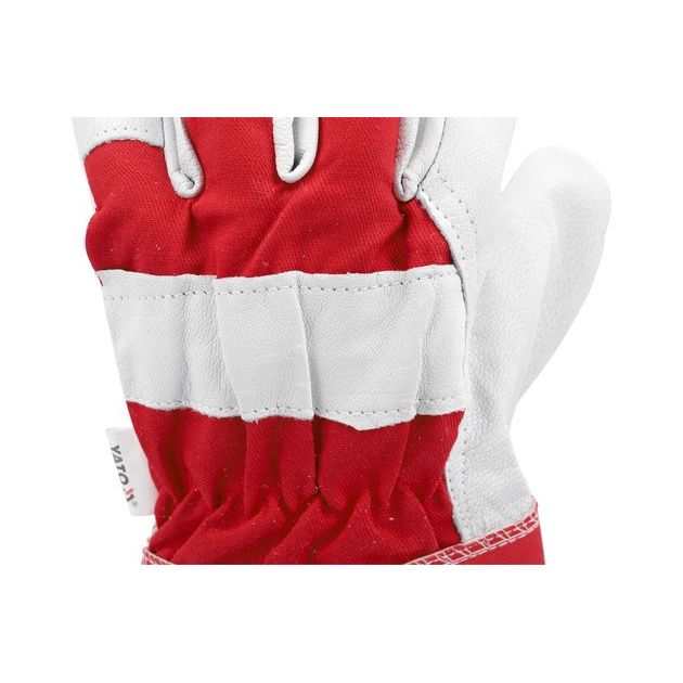 Рабочие перчатки бело-красные YATO: хлопок + козья кожа, размер 9, фото , изображение 5 | SNABZHENIE.com.ua