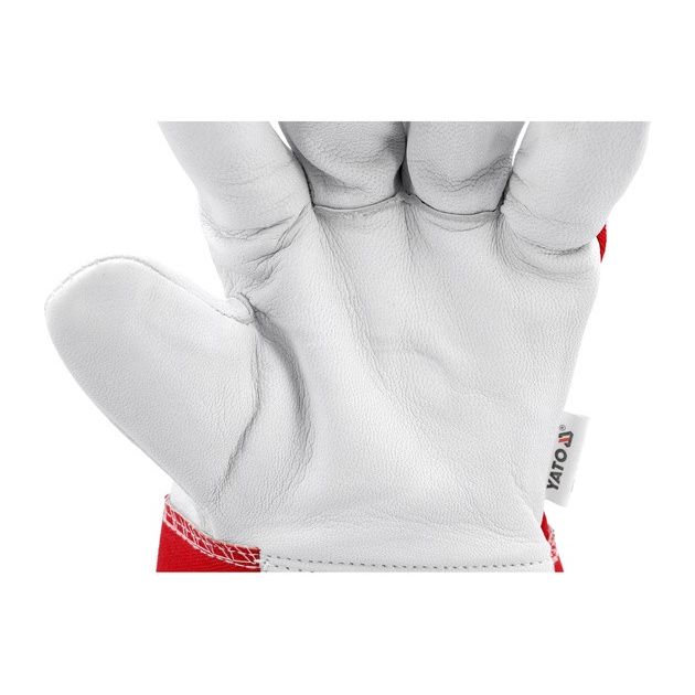 Рабочие перчатки бело-красные YATO: хлопок + козья кожа, размер 9, фото , изображение 6 | SNABZHENIE.com.ua