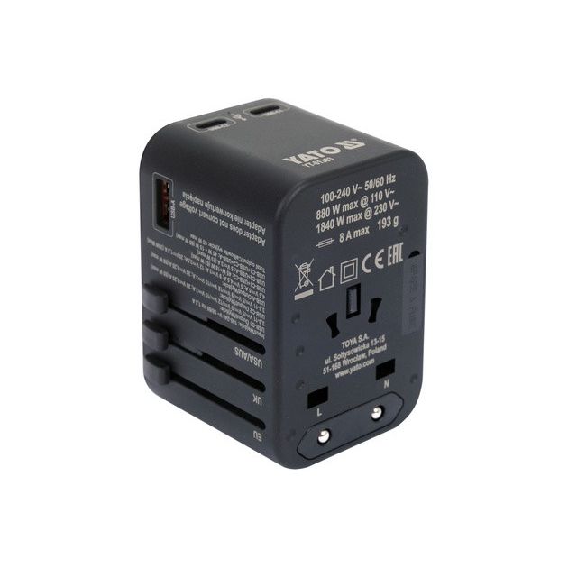 Адаптер-розетка YATO 110-240 В, 8А, універсальні гнізда і вилки, фото , изображение 2 | SNABZHENIE.com.ua