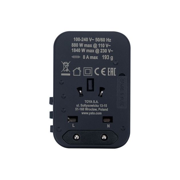 Адаптер-розетка YATO 110-240 В, 8А, універсальні гнізда і вилки, фото , изображение 8 | SNABZHENIE.com.ua