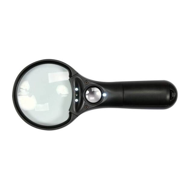 Лупа ручная с подсветкой, 2 линзы 3x/45x, ABS-пластик, 192x82x28мм, фото , изображение 3 | SNABZHENIE.com.ua