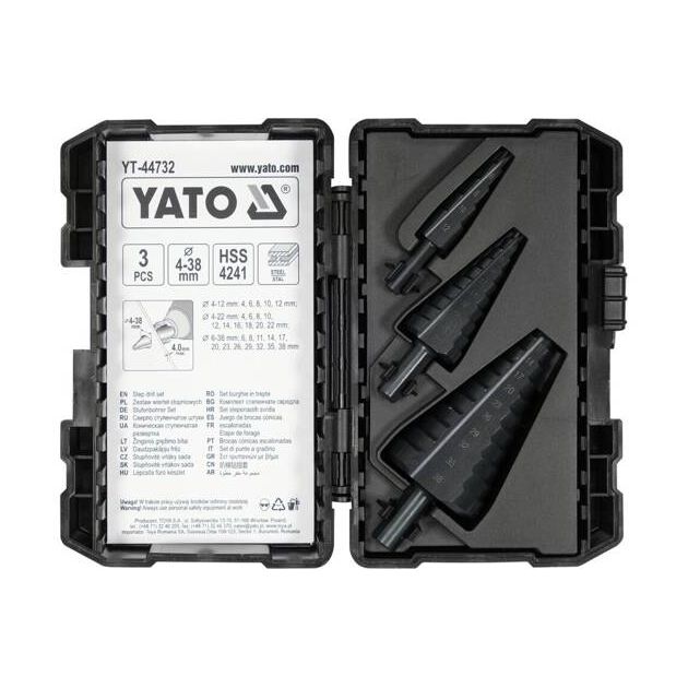 Свердла конічні ступінчасті YATO по металу Ø 4-38 мм, HSS 4241, 3 шт., фото , изображение 2 | SNABZHENIE.com.ua Свердла конічні ступінчасті YATO по металу Ø 4-38 мм, HSS 4241, 3 шт., фото , изображение 2 | SNABZHENIE.com.ua