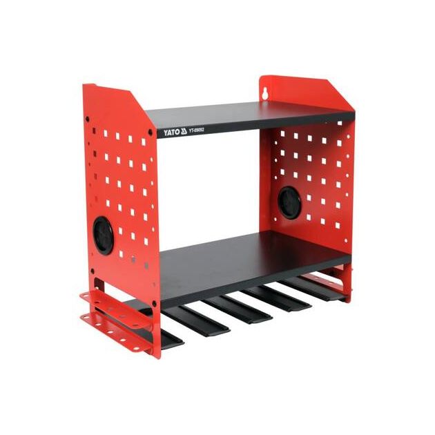 Полка для электроинструмента YATO 465x405x225 мм, 4 гнезда, 2 полки, фото , изображение 5 | SNABZHENIE.com.ua